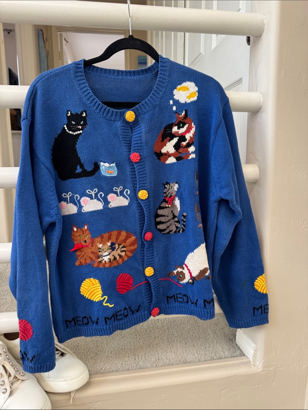 Blue Cat Motif Cardigan Sweater - Playful Kitten Design